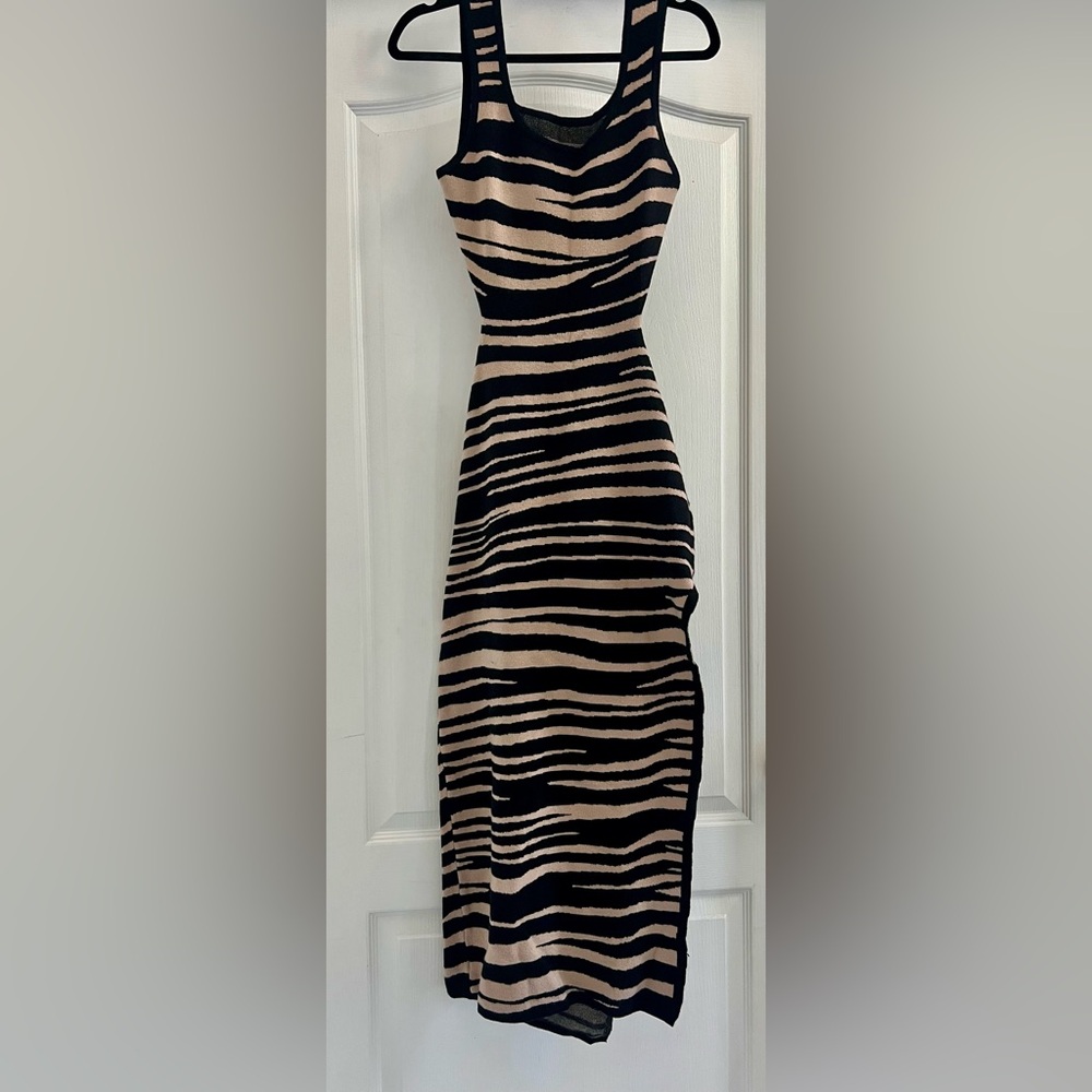 Striped Black and Tan Women Sweater Dress with side slit
